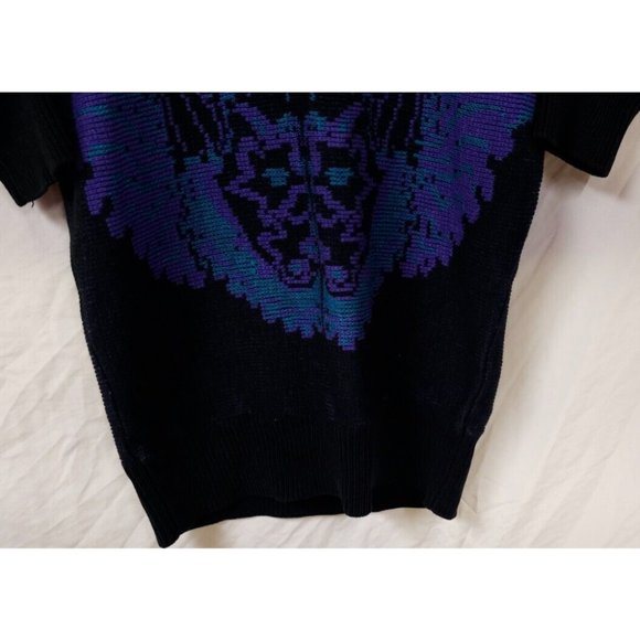 Leslie Fay Medium Black Purple Floral Aztec Tapered Body 3/4 Sleeves Sweater - Picture 3 of 14